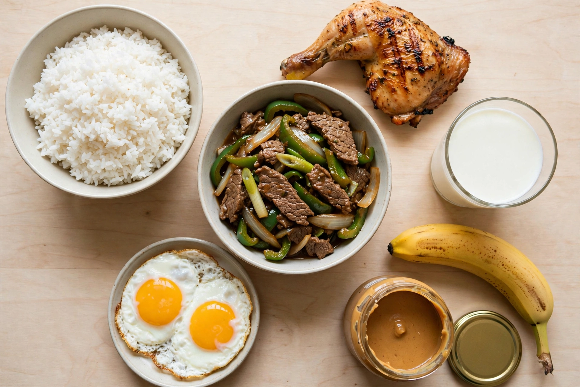 Bữa ăn tăng cân mẫu cho người gầy gồm cơm, thịt gà, trứng và sữa