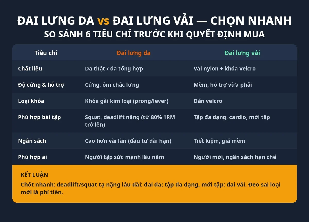 Đai Lưng Tập Gym Có Cần Thiết Không? 16 Infographic so sánh đai lưng da và đai lưng vải — bảng chọn nhanh