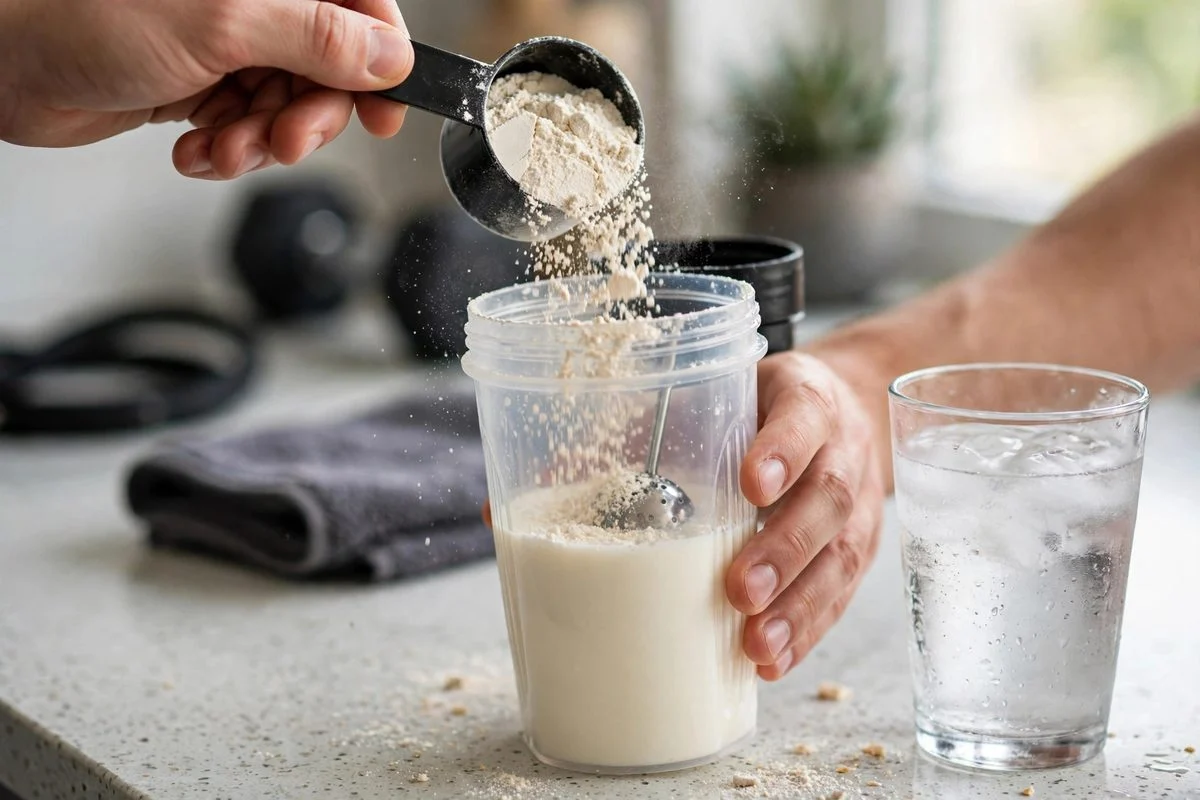 Cho bột whey protein vào bình shaker đã có sẵn sữa để pha ít vón cục